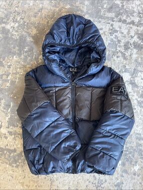 Armani boy Navy & Black Puffer Jacket with Hood, size 10